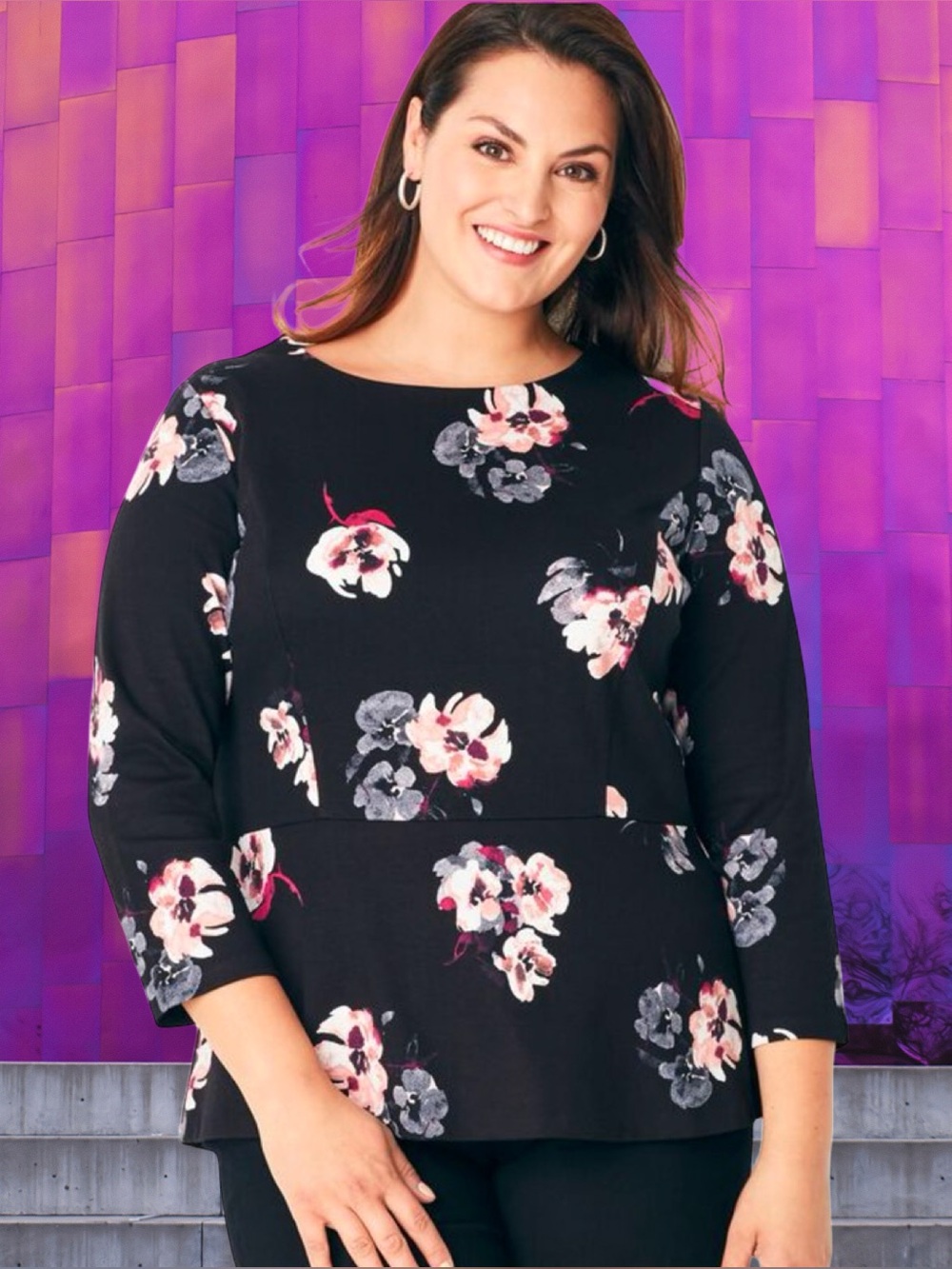 Talbots Women’s plus-size Black Floral Stretchy 3/4th-sleeve Peplum Top❤️❤️2X